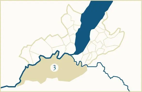 Une carte simplifié de Genève avec la région entre Arve et Rhône indiquée